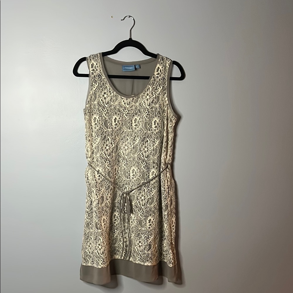 Sleeveless Gray Dress with Cream Lace